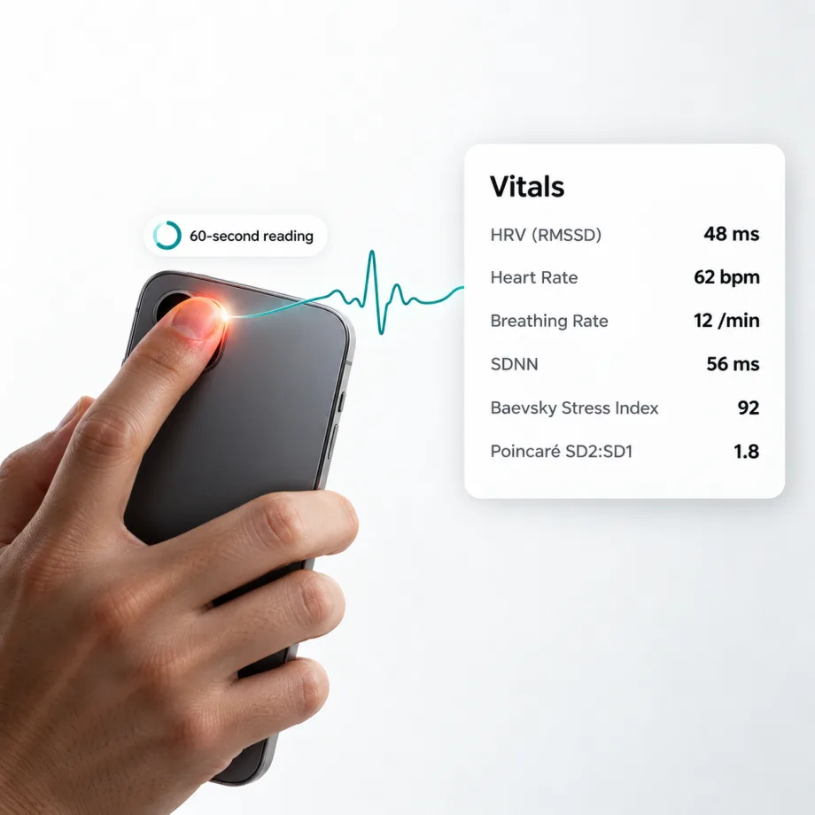 A fingertip covering a phone's rear camera and flash for a 60-second reading, and the metrics it returns: HRV (RMSSD), heart rate, breathing rate, SDNN, Baevsky stress index and Poincaré SD2:SD1